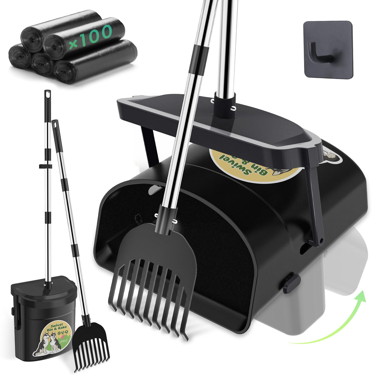 UPSKY dog pooper scooper swivel-bin for easy yard cleanup and disposal.