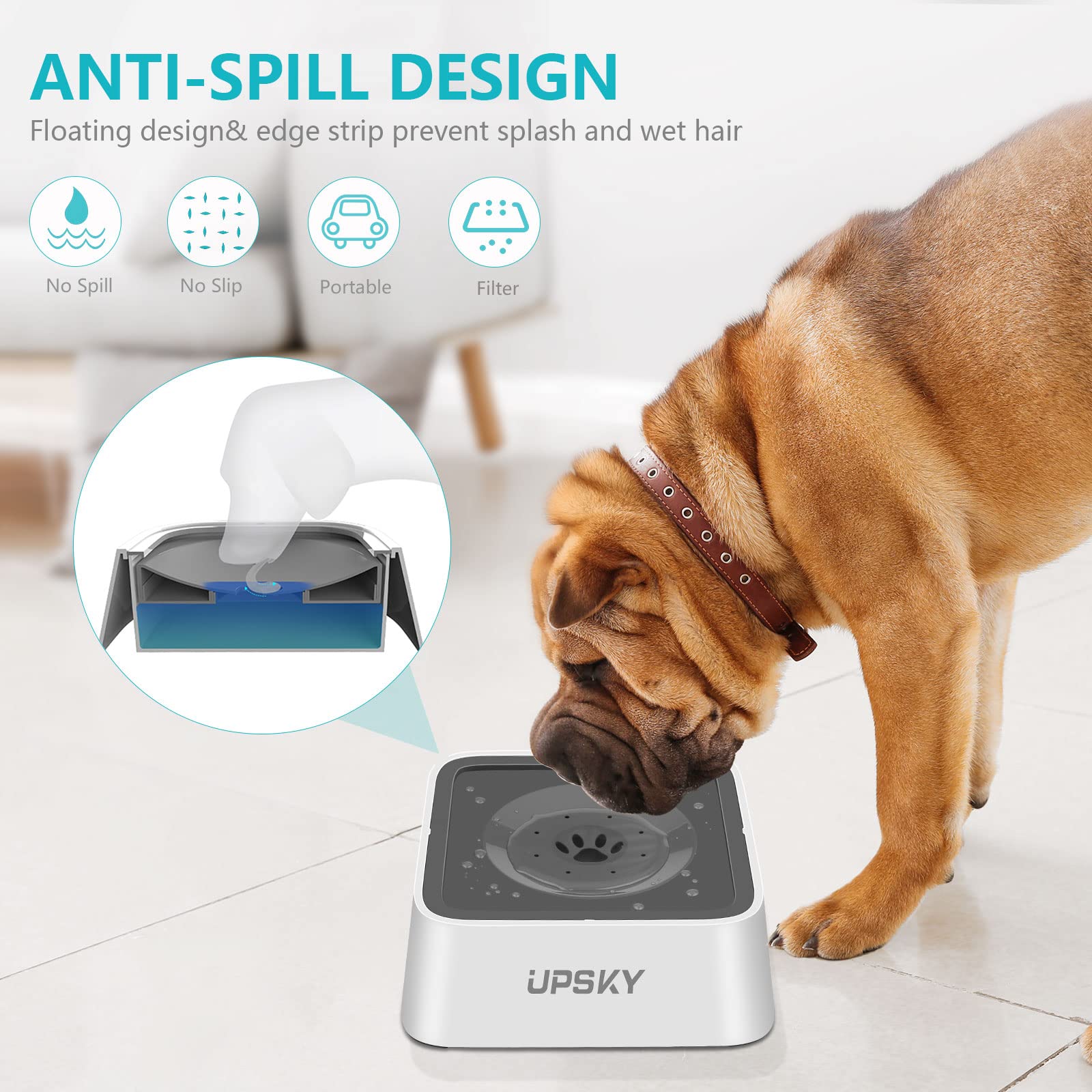 UPSKY dog water bowl anti-spill edge strip prevents floor mess.