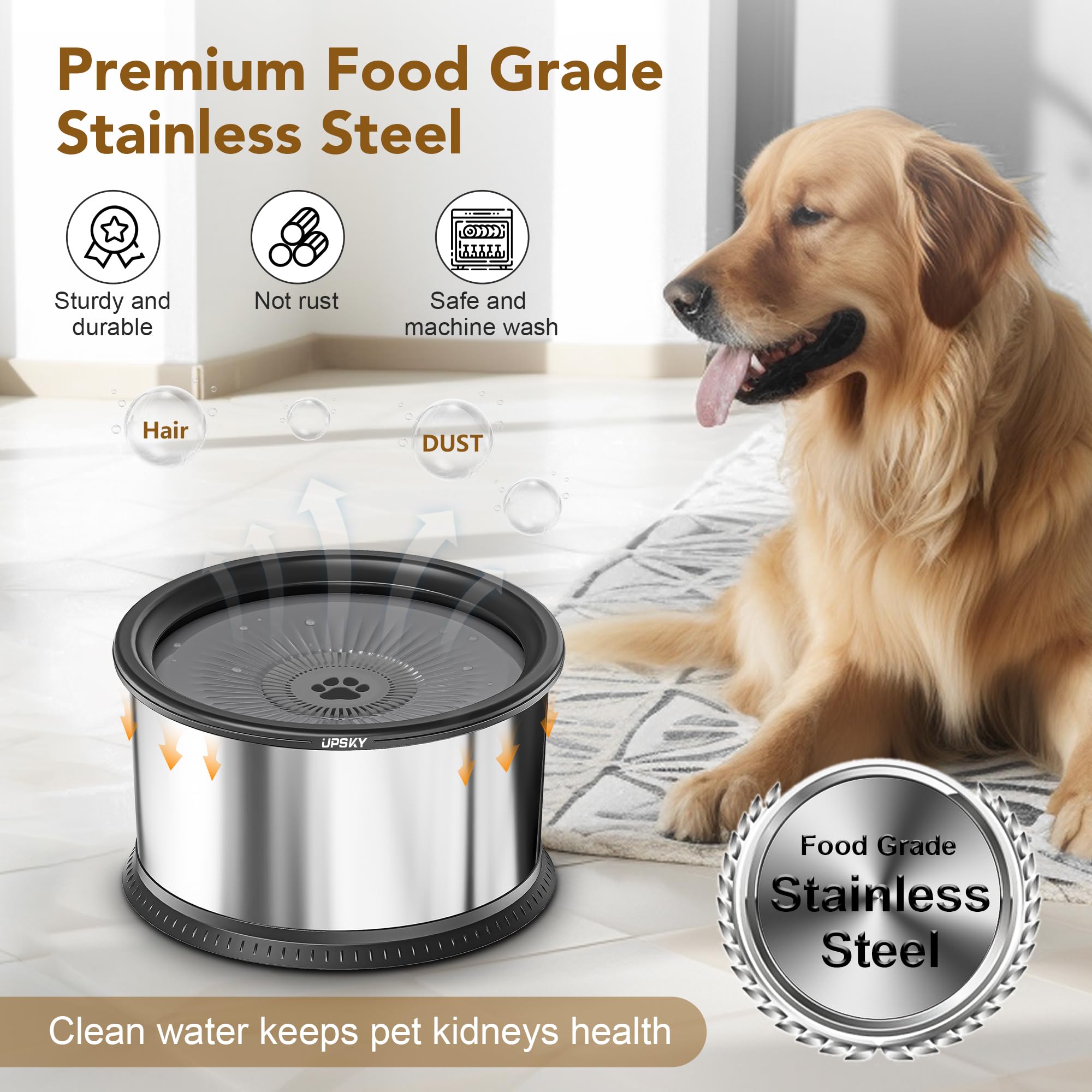UpSky heavy-duty stainless-steel construction emphasizes durability for energetic dogs.