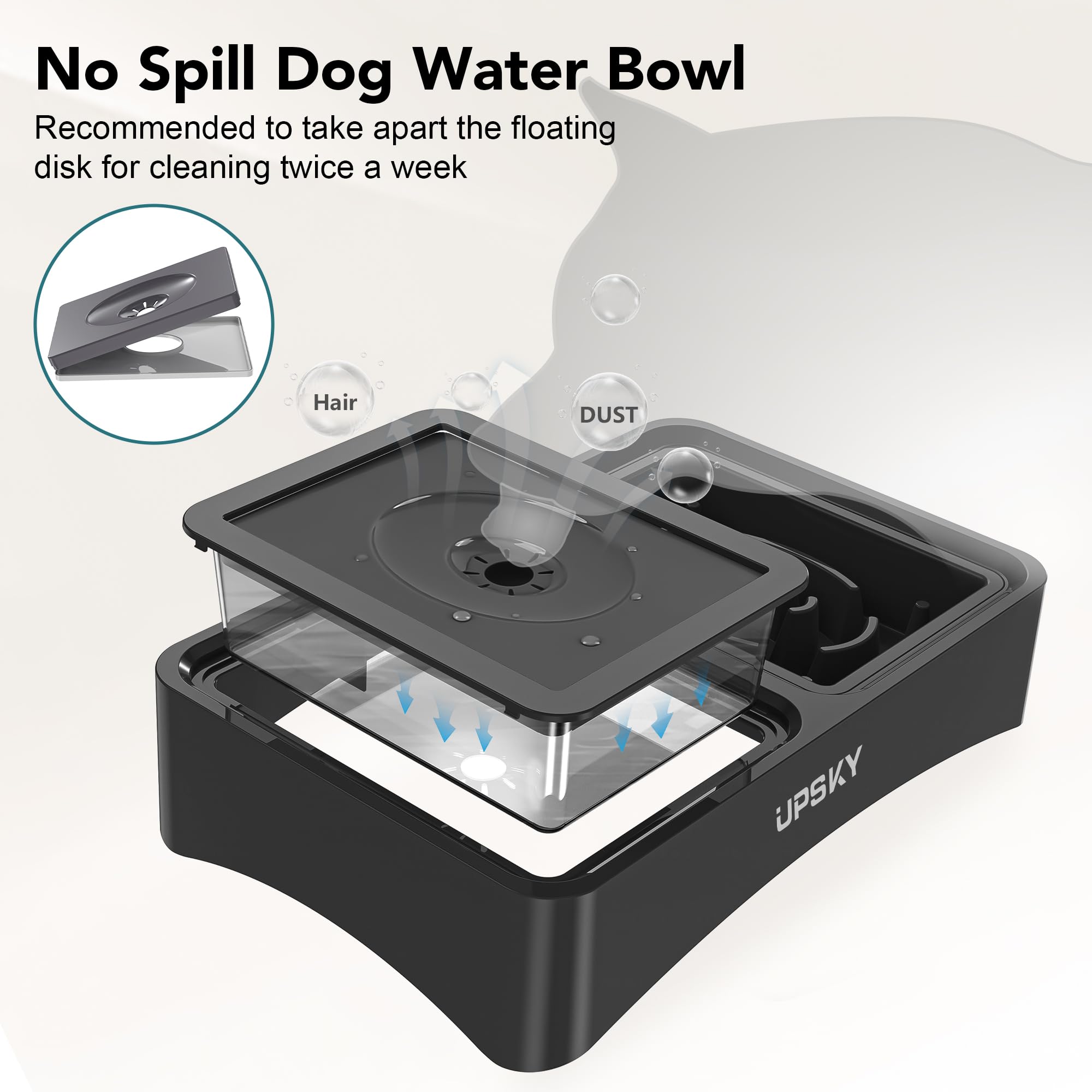 UPSKY no-spill water bowl with floating disk reduces splashes and wet fur.