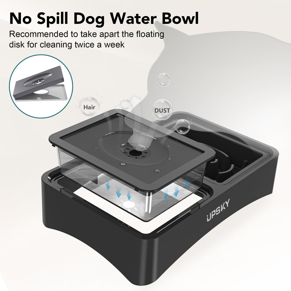 UPSKY no-spill water bowl with floating disk reduces splashes and wet fur.