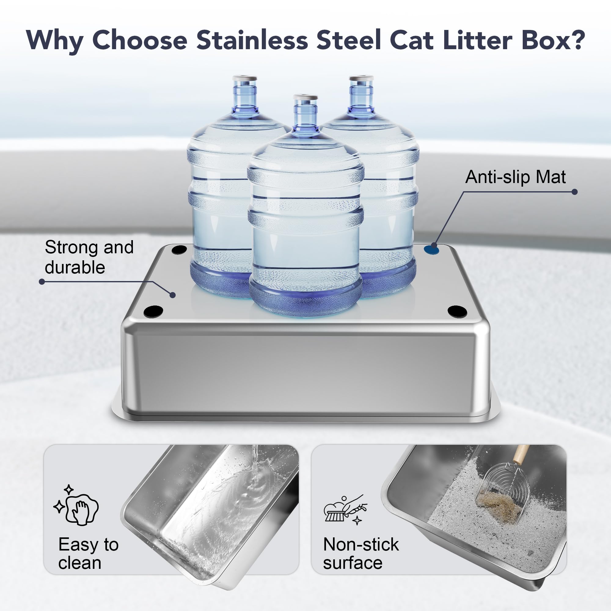Upsky scoop and mat included simplify post-use cleanup and setup.