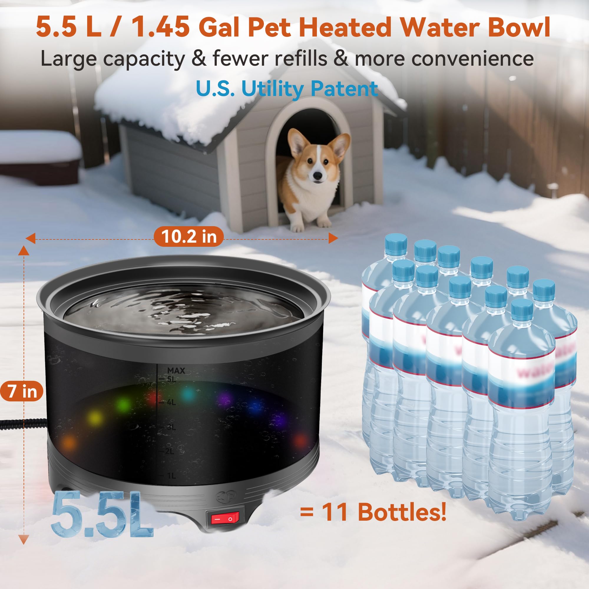 UPSKYPET 5.5L capacity highlighted for less refilling during multi-pet use.