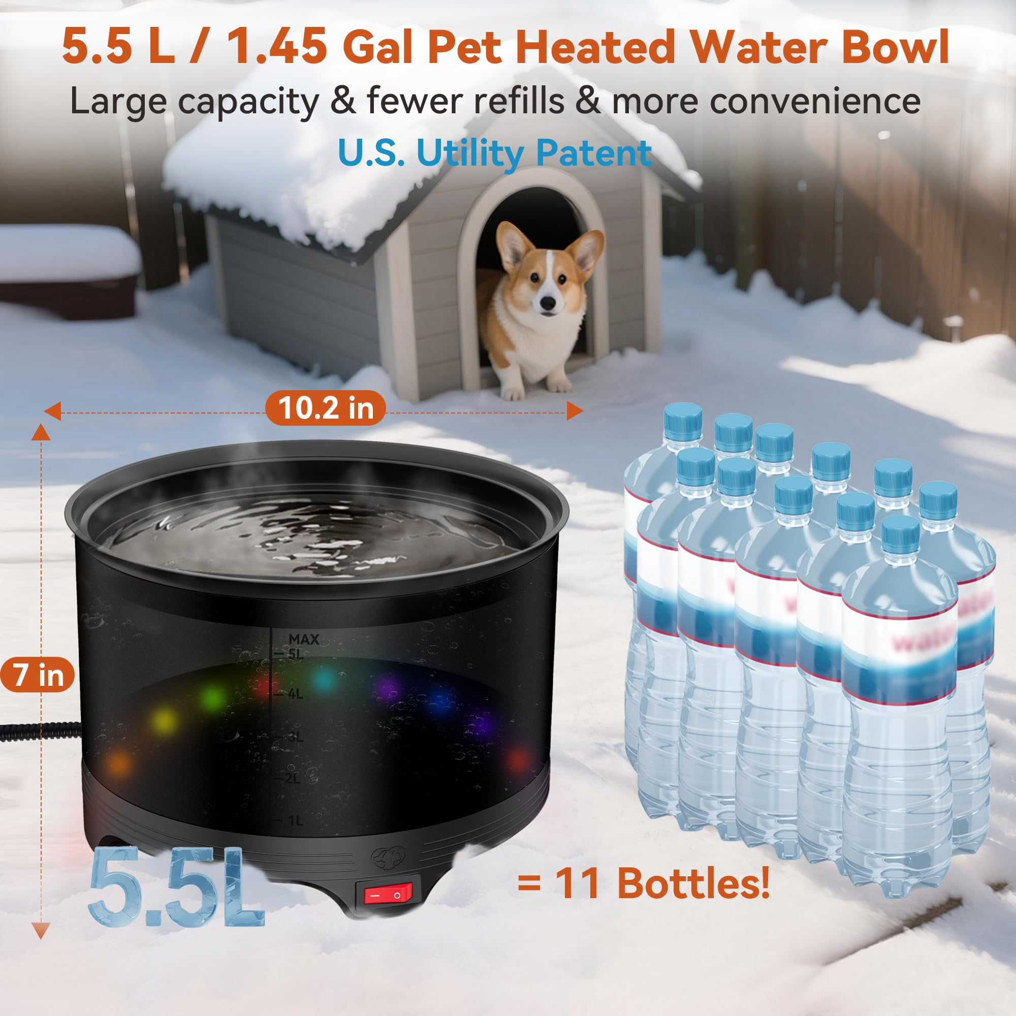 UPSKYPET outdoor water bowl at night with LED neon status for easy monitoring