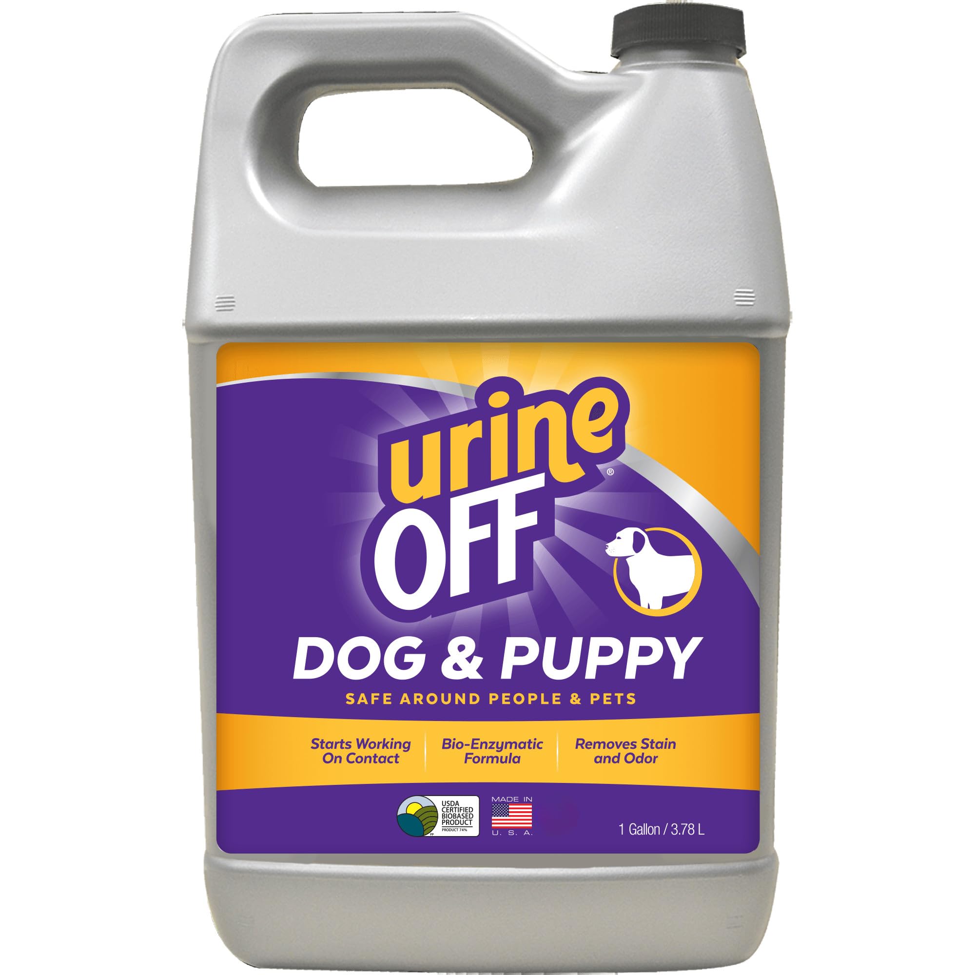 Urine OFF puppy odor remover spray bottle demonstrates stain cleaning.