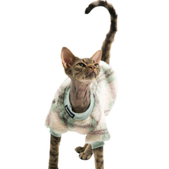 Urnat cat double-sided fleece clothes green front view showing snug fit for hairless cats