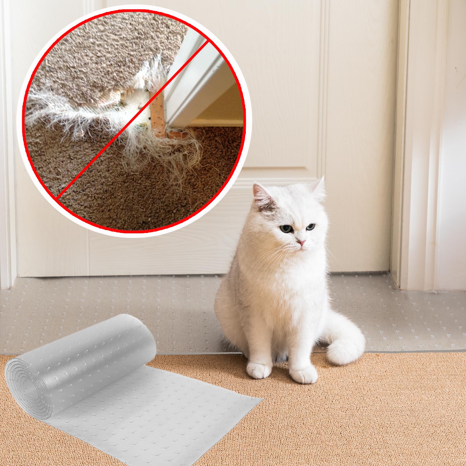 Uross carpet protector for pets at doorway showcasing protective fit and scratch defense.