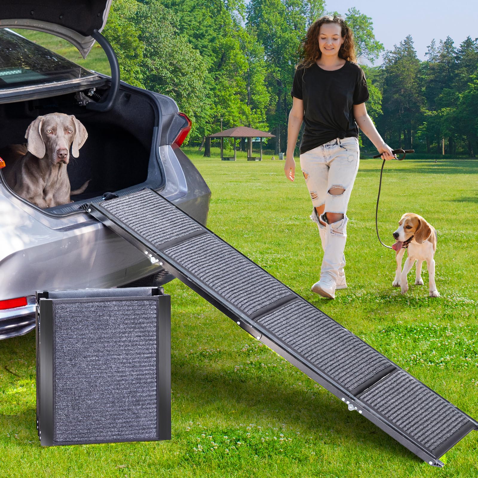 Uross dog ramp 63 inches in car showing non-slip surface for safe entry.