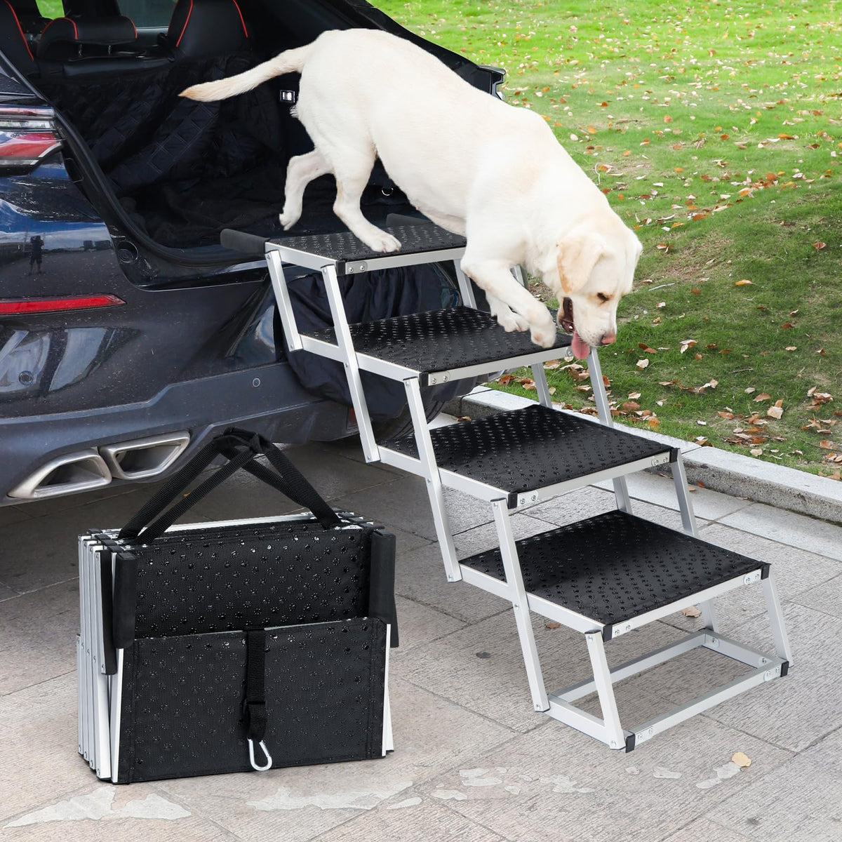 Uross dog stairs car step 1 shows sturdy aluminum frame for confident pet ascent.