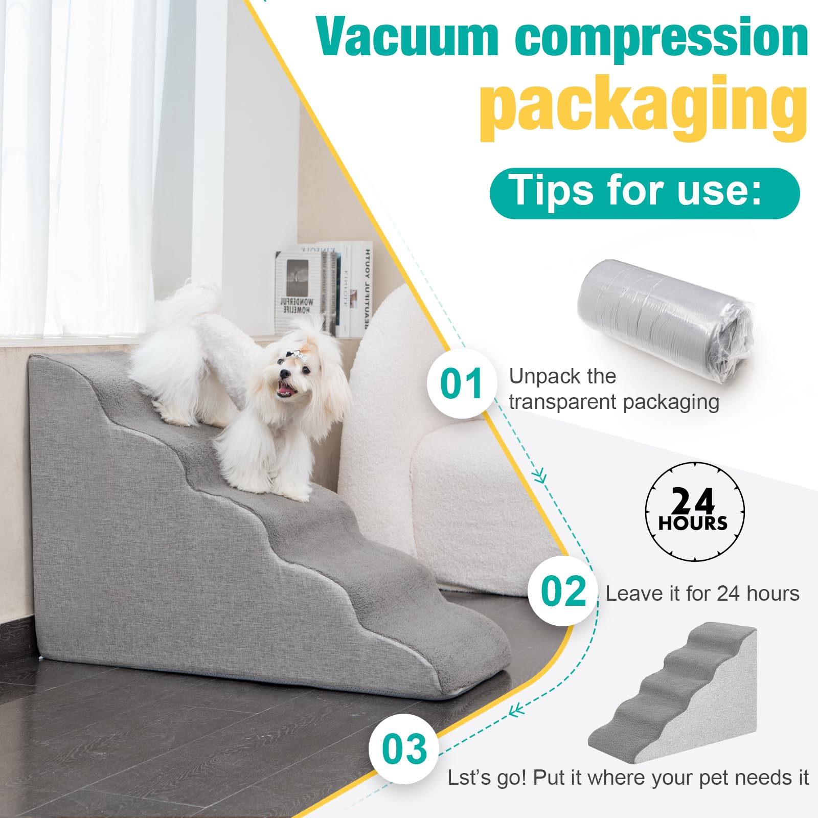 Uross dog stairs in use on bed shows pets easily ascending