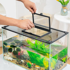 Uross fish tank lid window closeup provides clear viewing and protects jumping fish.