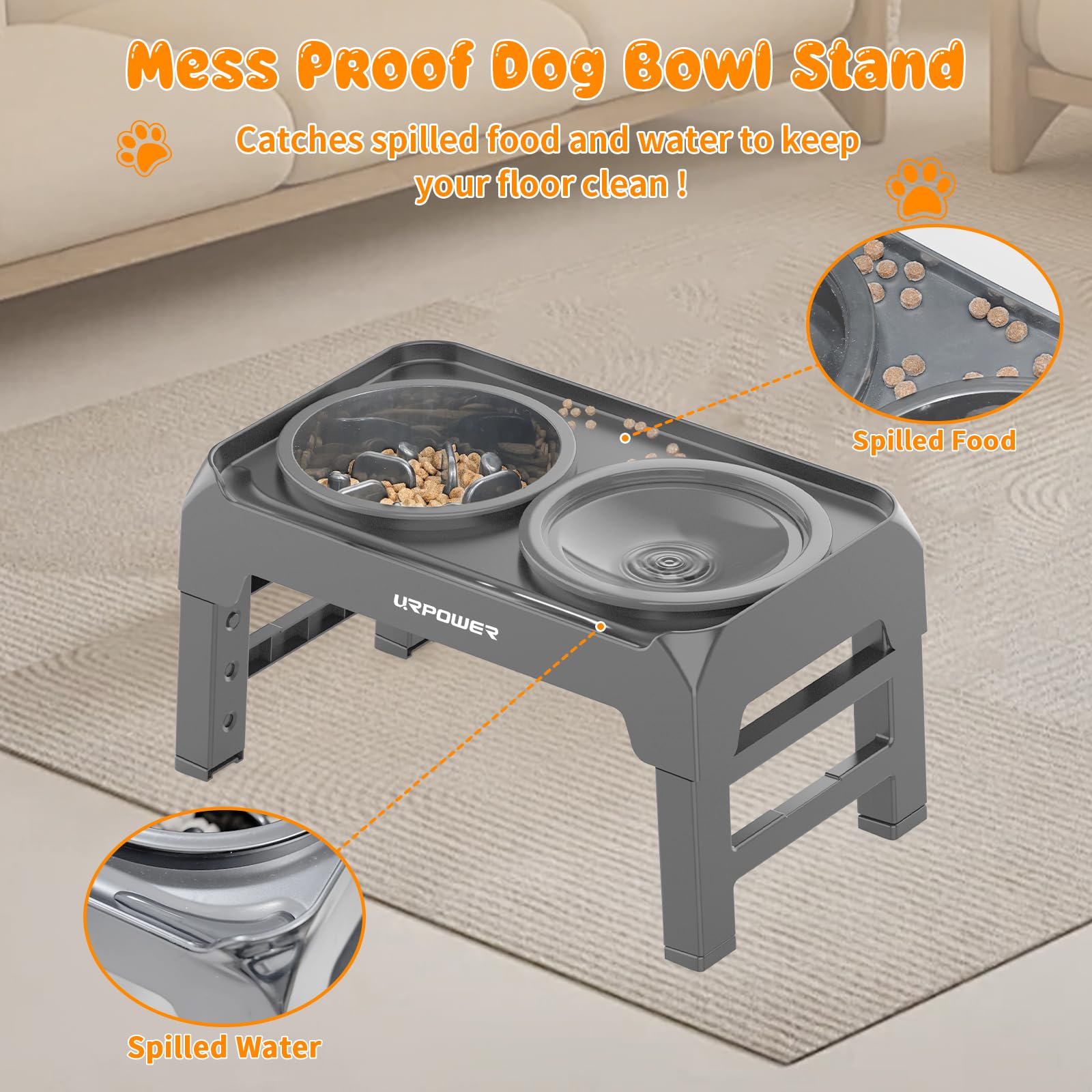 URPOWER no-spill water bowl shows slow drinking and splashing reduction.