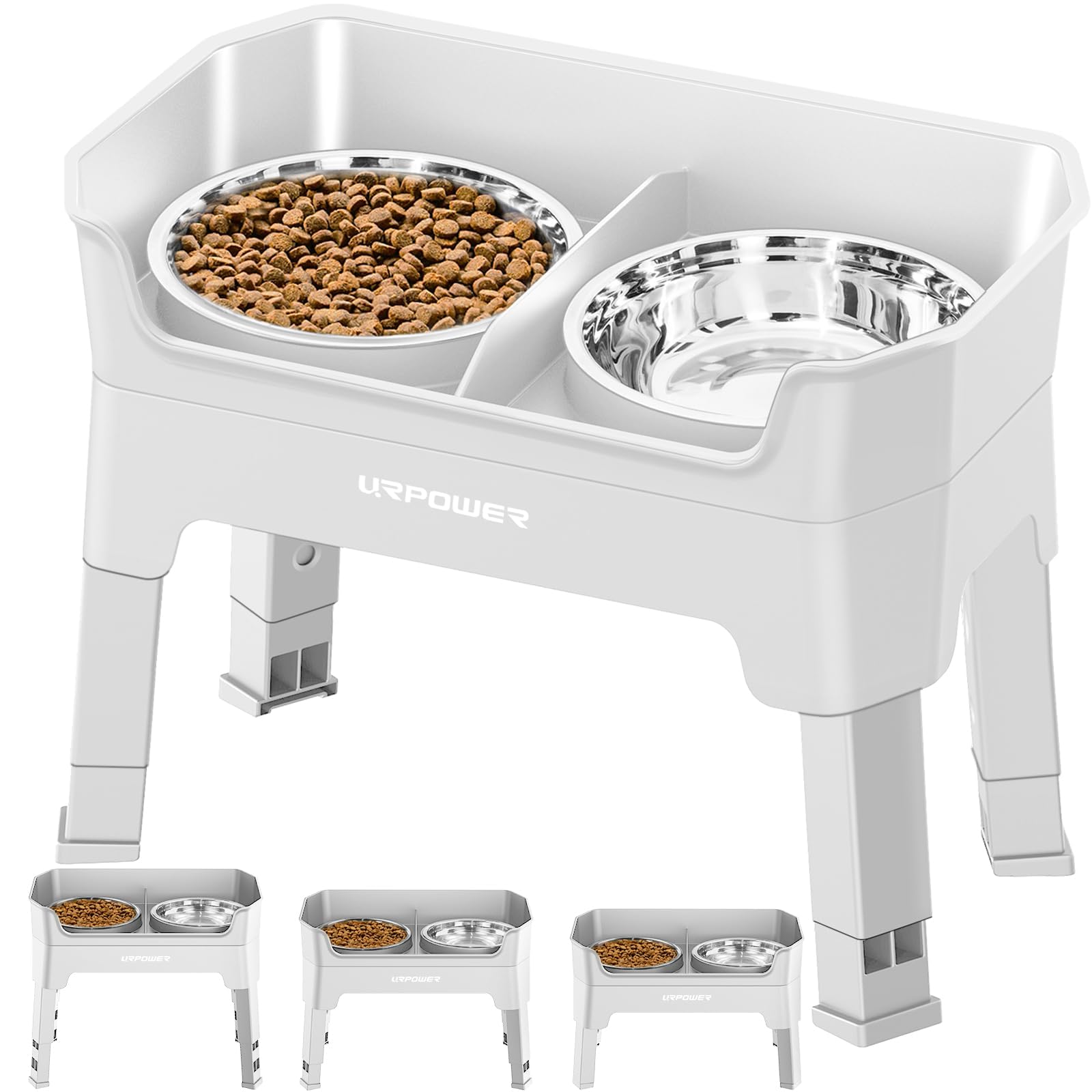 URPOWER 3-in-1 elevated dog bowls show adjustable height for cleaner, comfortable feeding.