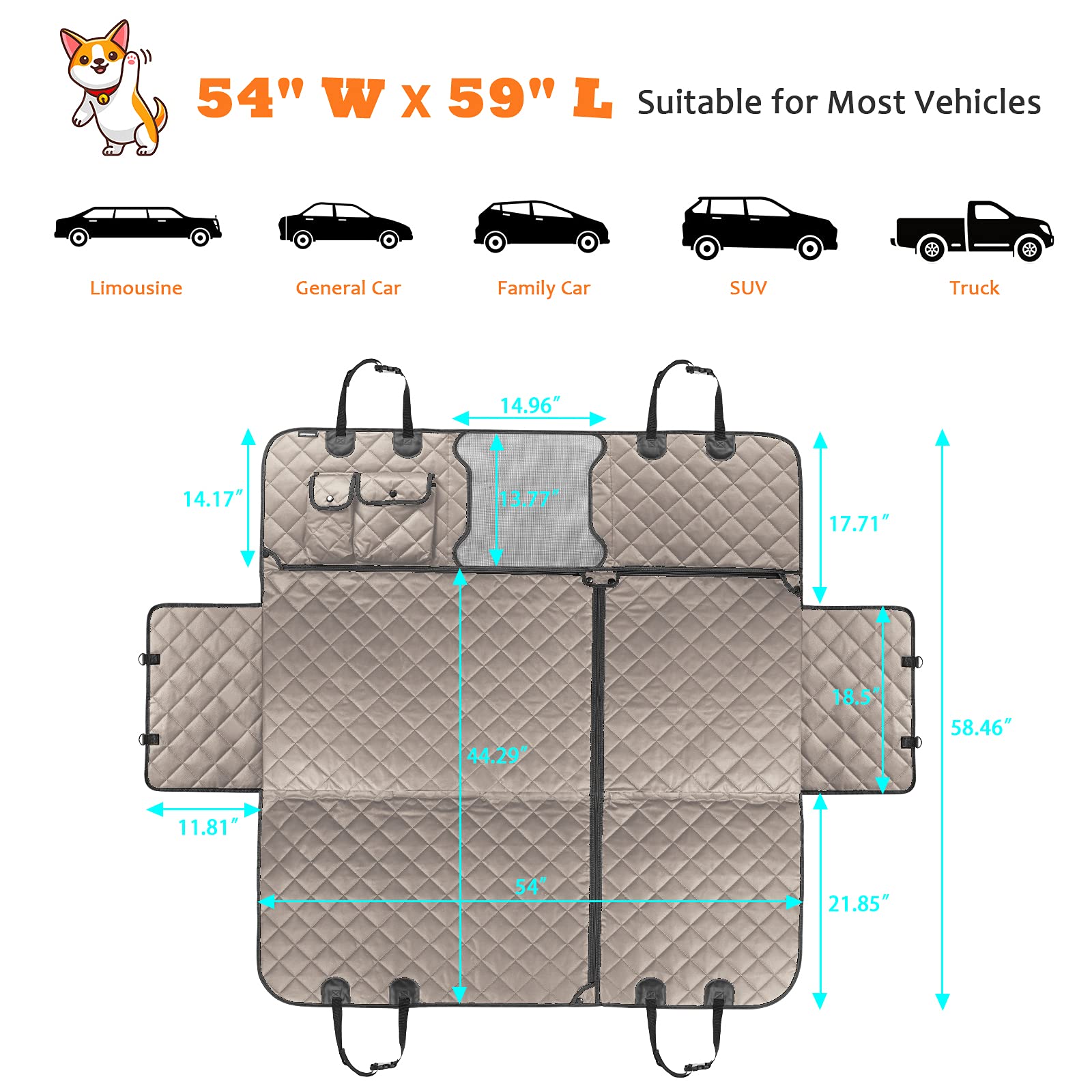 URPOWER 6-in-1 dog car seat cover pockets store treats and toys on the go