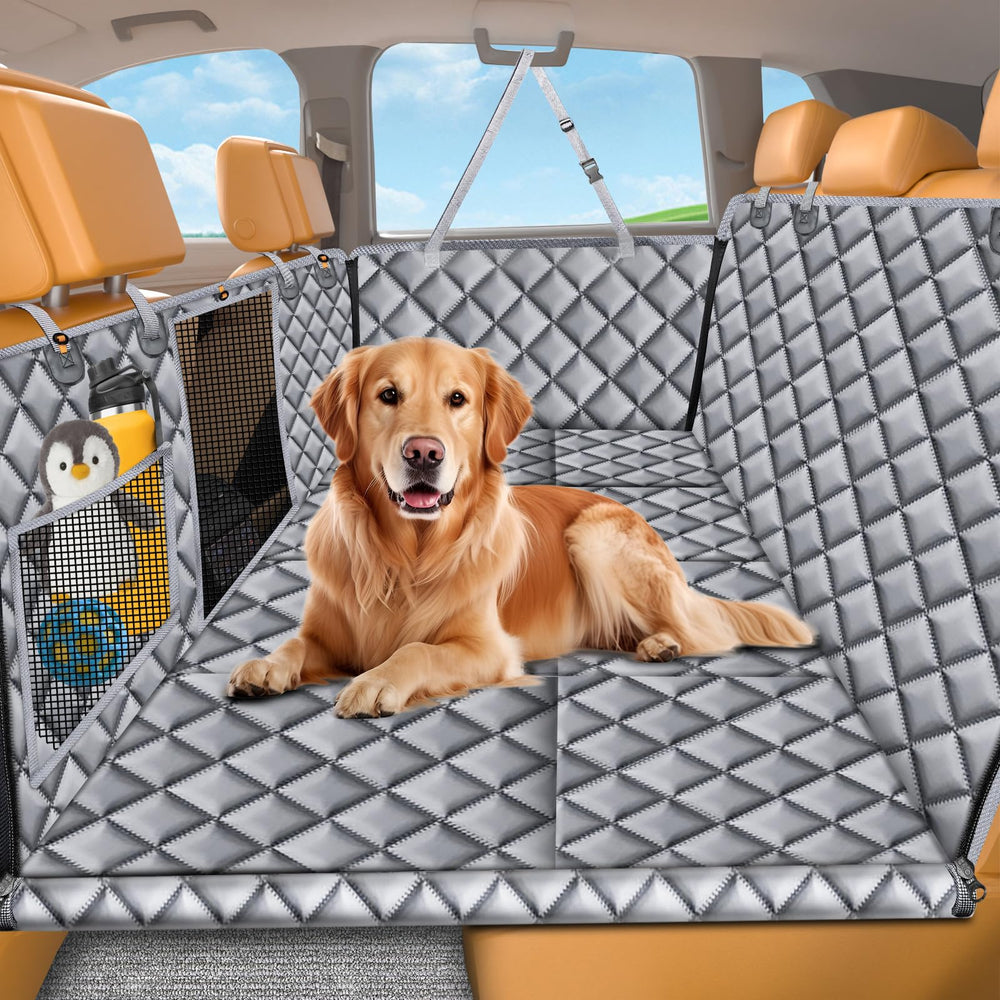 URPOWER backseat extender with hard-bottom seat cover creates secure space for dogs on car trips.