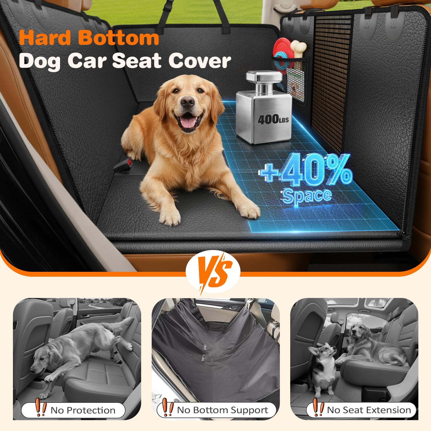URPOWER dog car hammock with hard bottom creates a secure travel bed for pets.