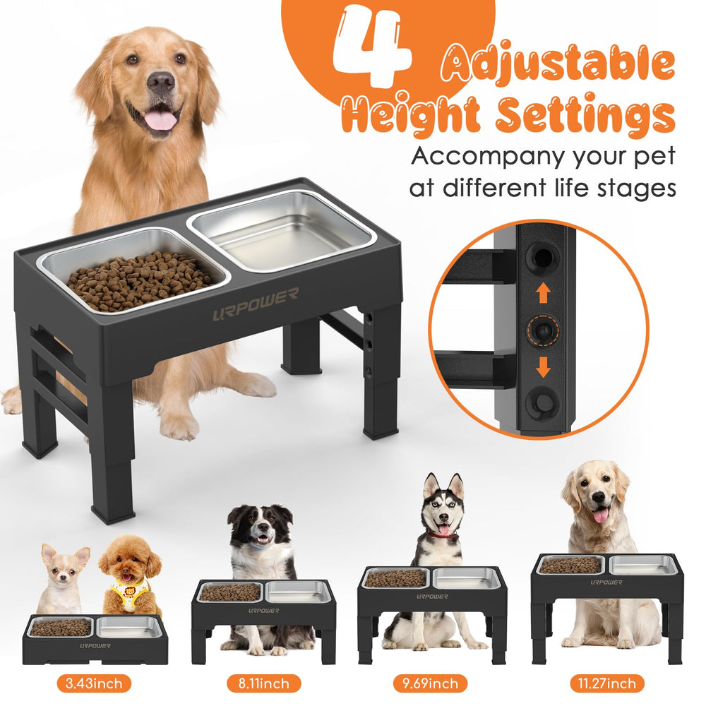 URPOWER elevated bowls stand extended height — four-height options for growing dogs.