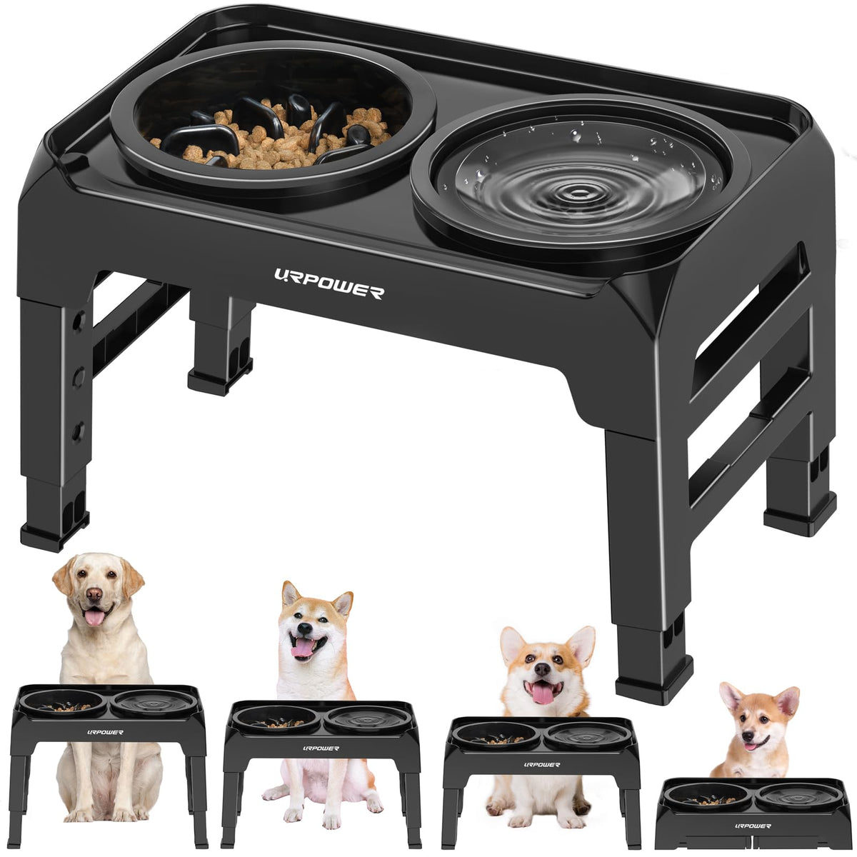 URPOWER elevated-dog-bowls setup front view for comfortable feeding height