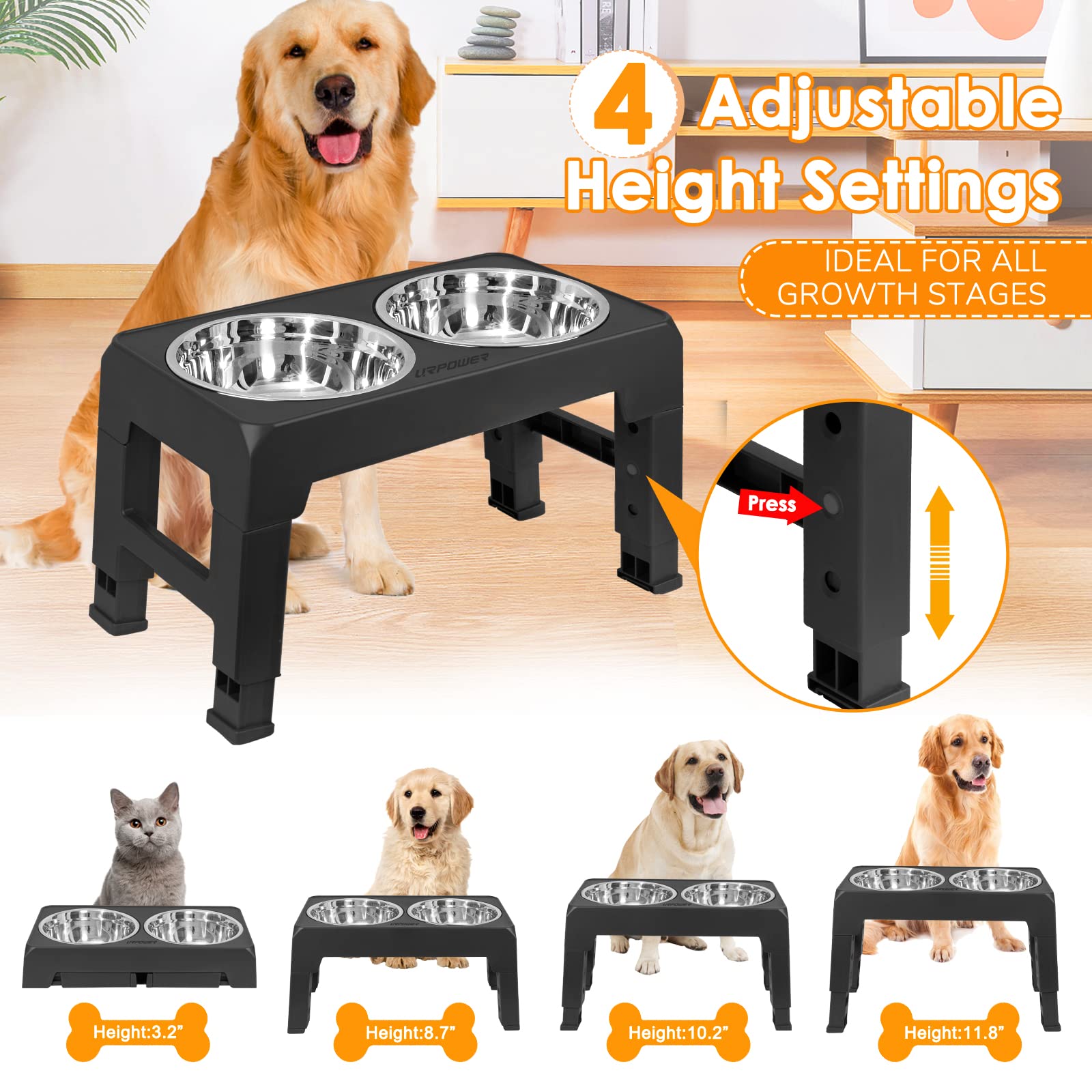 URPOWER elevated dog bowls stainless steel bowls shown for easy cleaning and durability