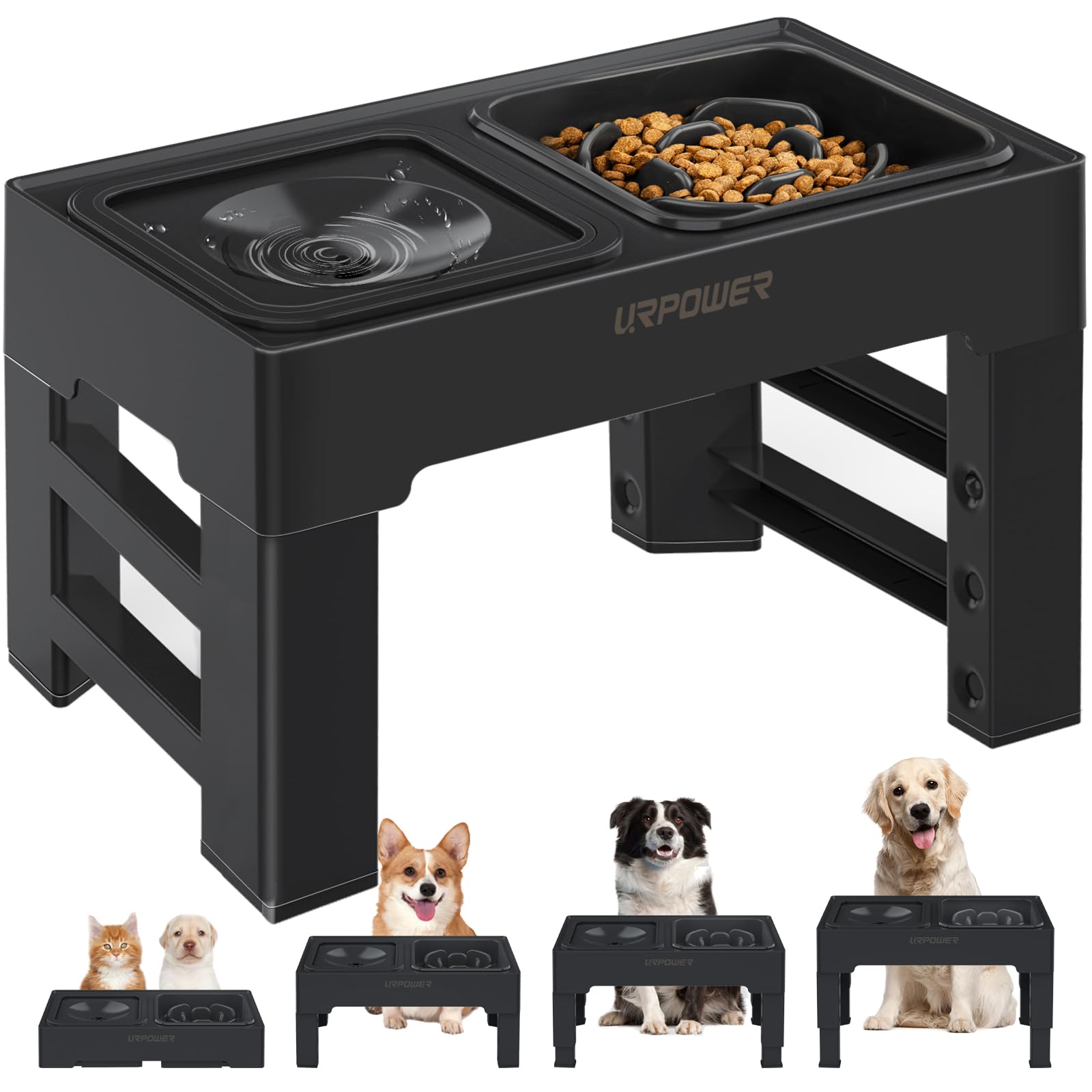 URPOWER elevated dog bowls stand showing adjustable height for growing pets.