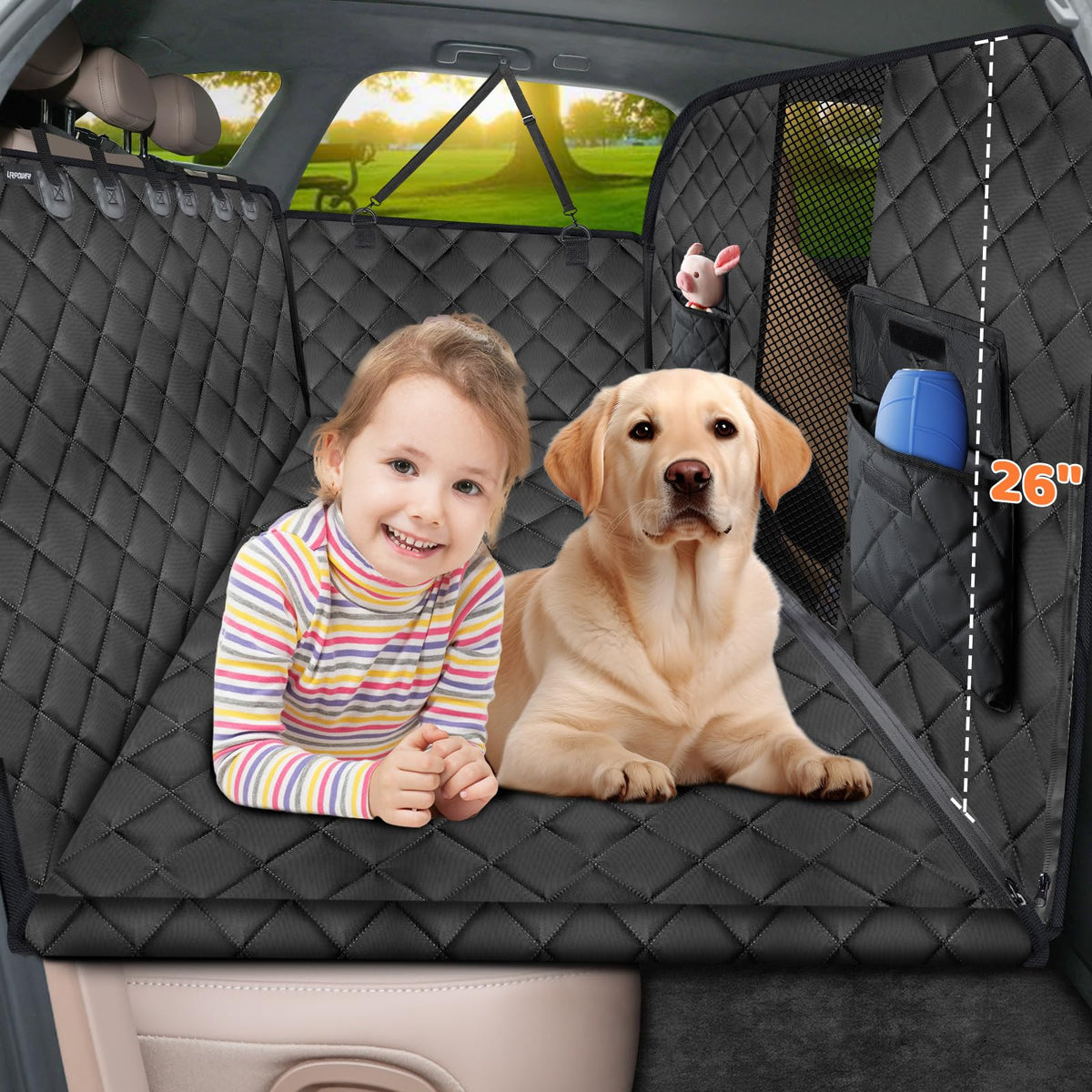 URPOWER high barrier back-seat extender installed on a car seat providing roomy dog bed