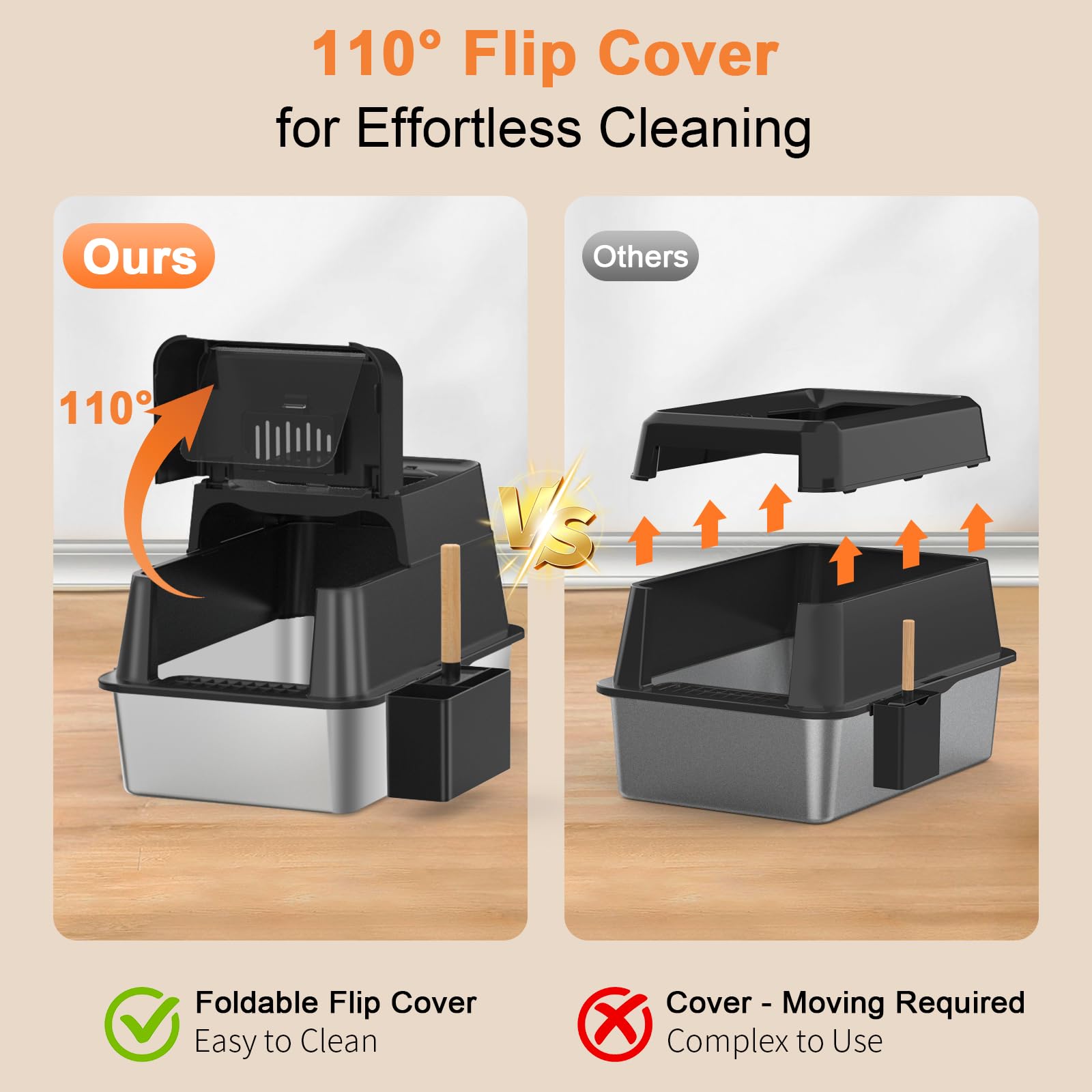 URPOWER litter box 110-degree flip-top lid in action for quick scooping