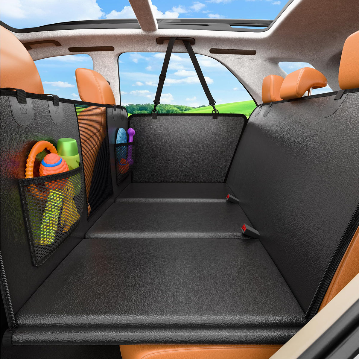 URPOWER PU leather back seat extender with hard bottom enhances dog comfort on car trips.