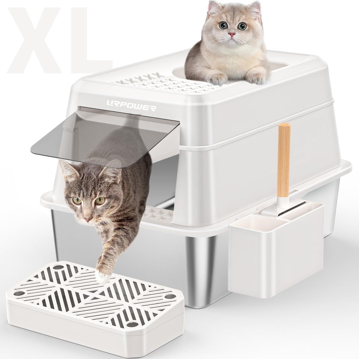 URPOWER stainless steel cat litter box main view with spacious interior for large cats.