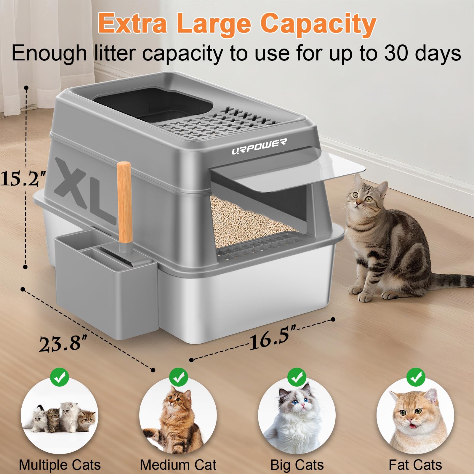 URPOWER XL litter box with large capacity suits big cats.