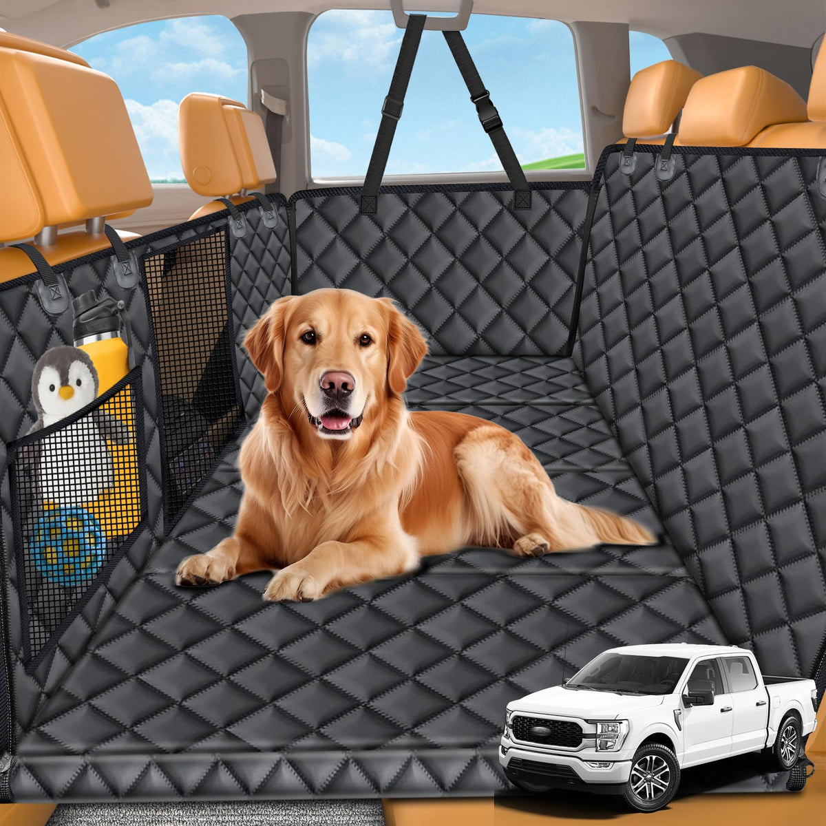 URPOWER XL hard-bottom backseat extender provides stable dog resting space on long drives.