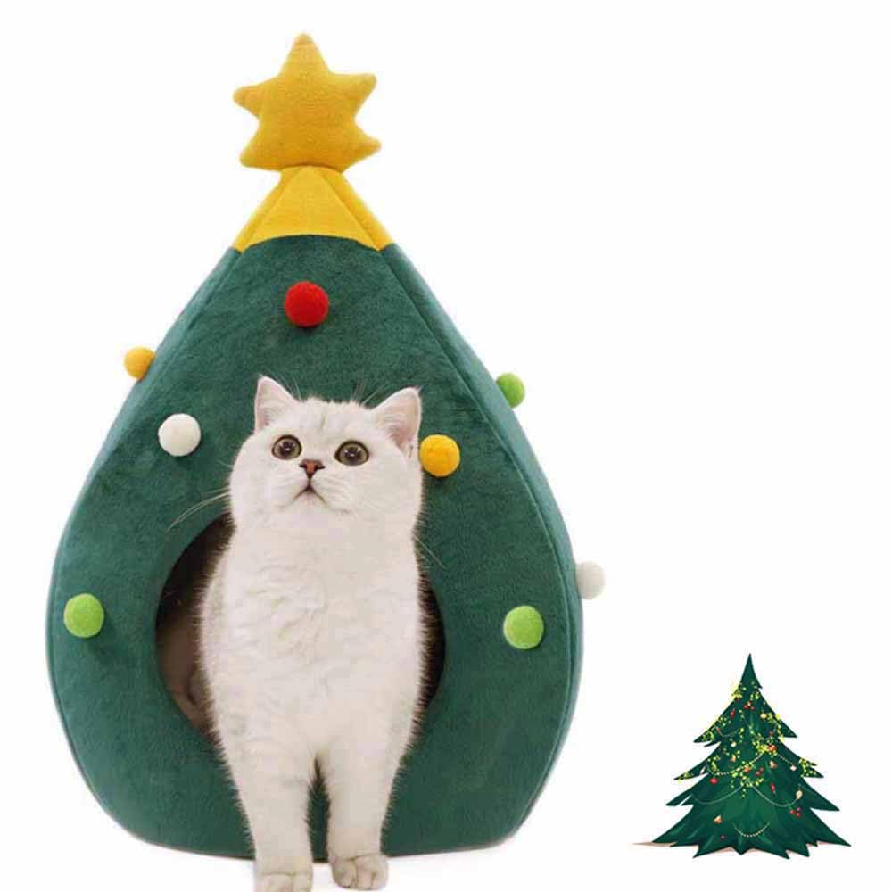Ushang Pet Christmas Tree Cat Bed exterior shows festive design for cozy lounging.
