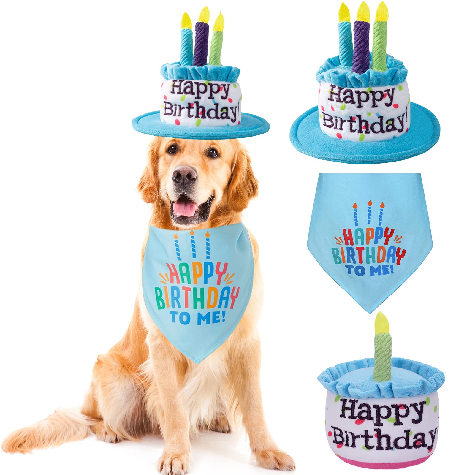 Ushang Pet large dog birthday cake hat and blue bandana for festive photos and celebrations