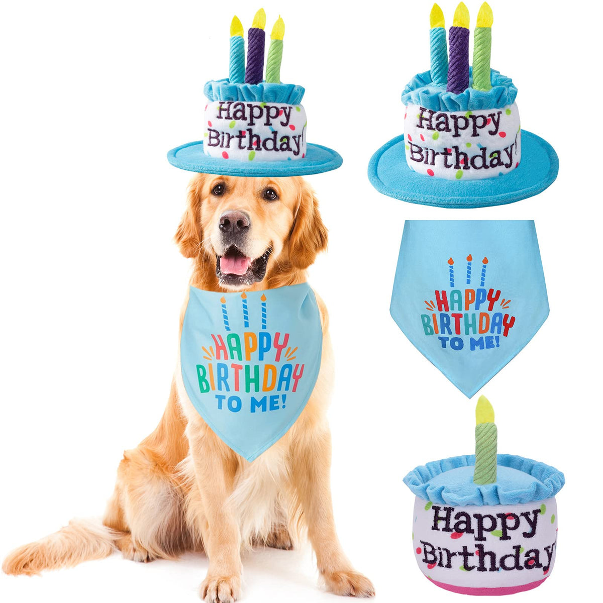 Ushang Pet large dog birthday cake hat and blue bandana for festive photos and celebrations