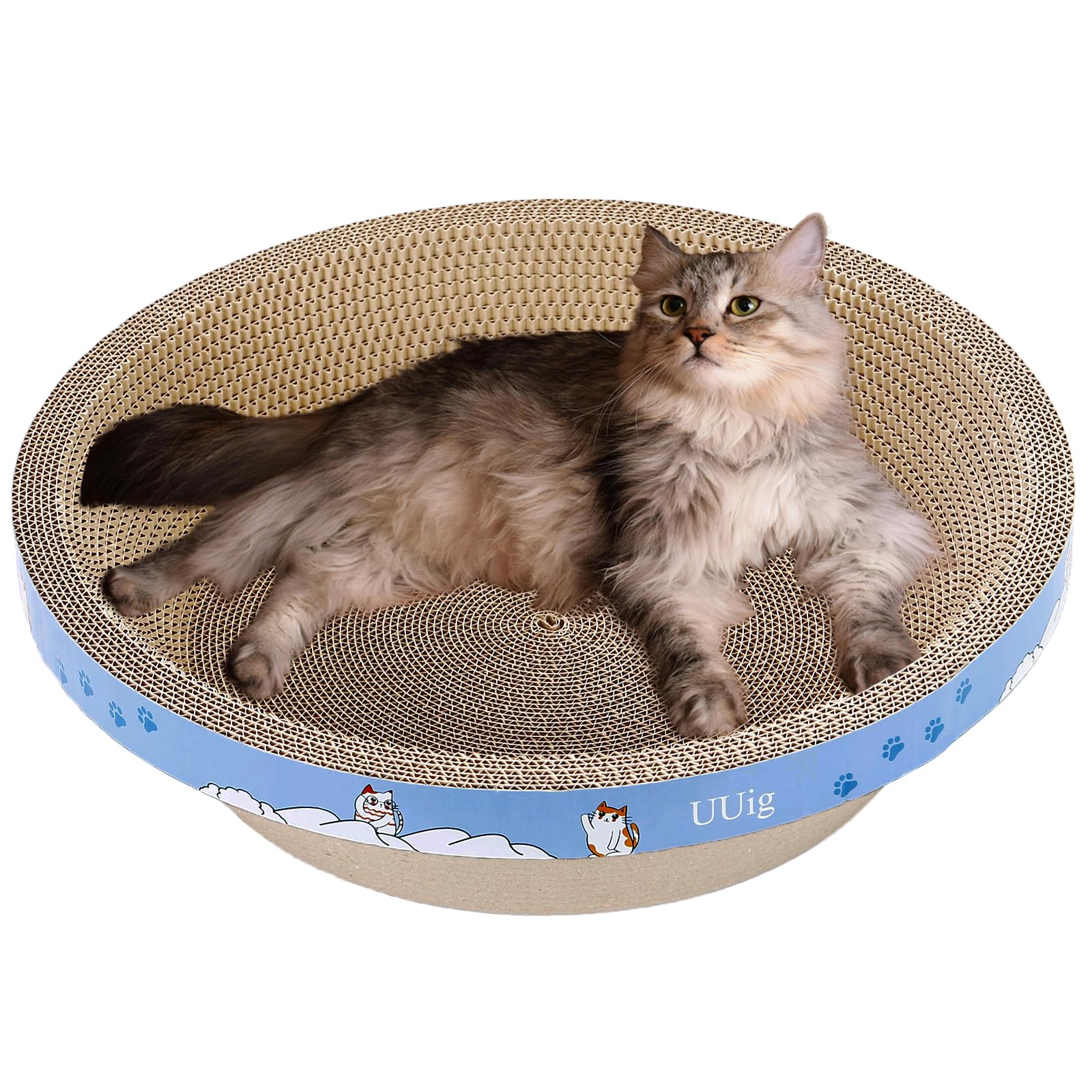 UUig cat scratcher bed front view highlighting durable cardboard construction for lounging.