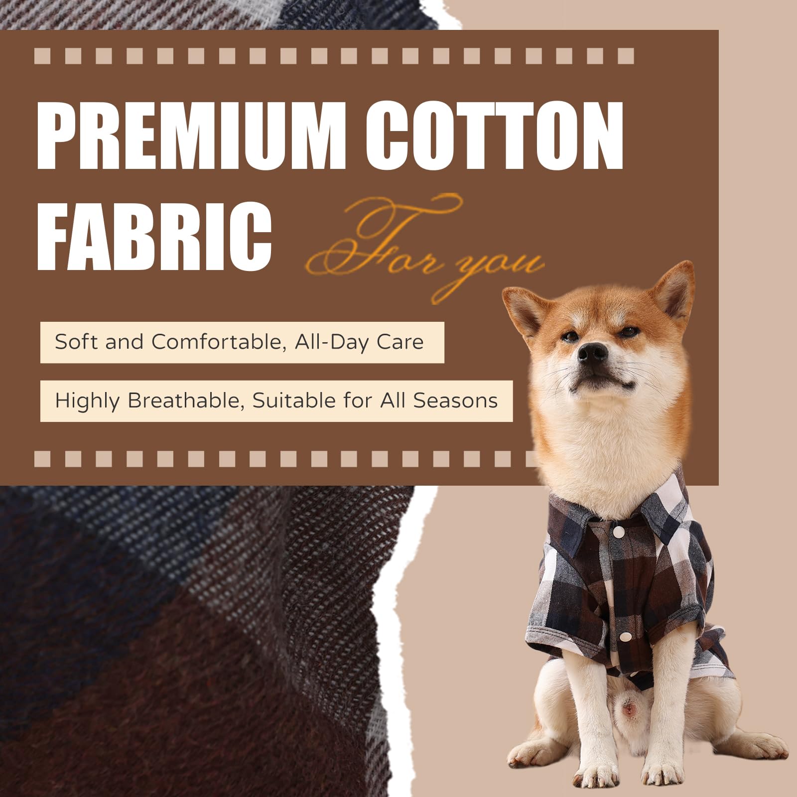 UUREED dog plaid shirt closeup fabric showing soft cotton blend and breathable comfort.