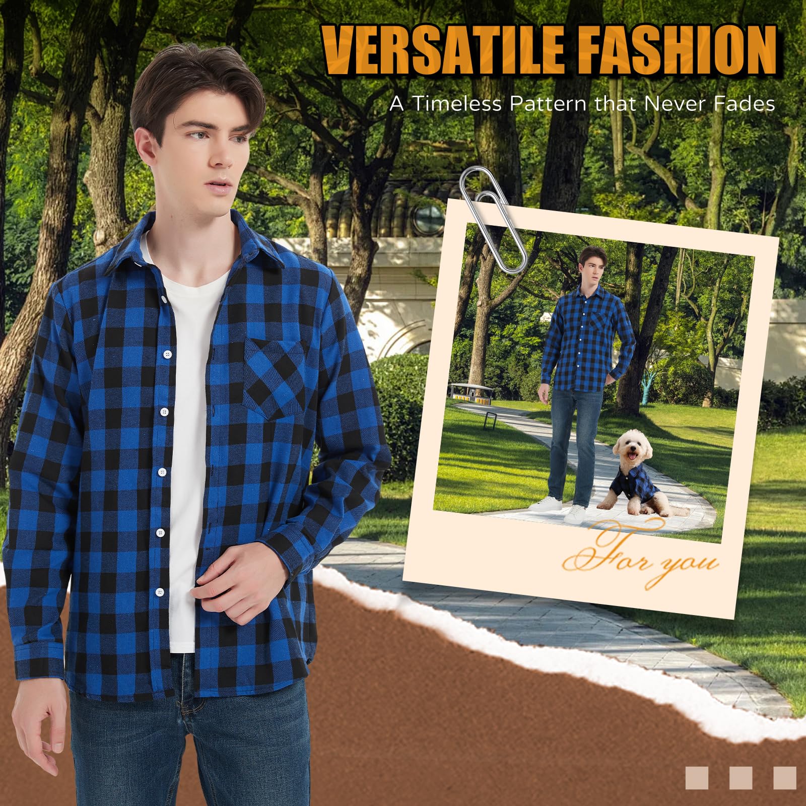 UUREED dog plaid shirt on walk in autumn setting showcasing seasonal style.