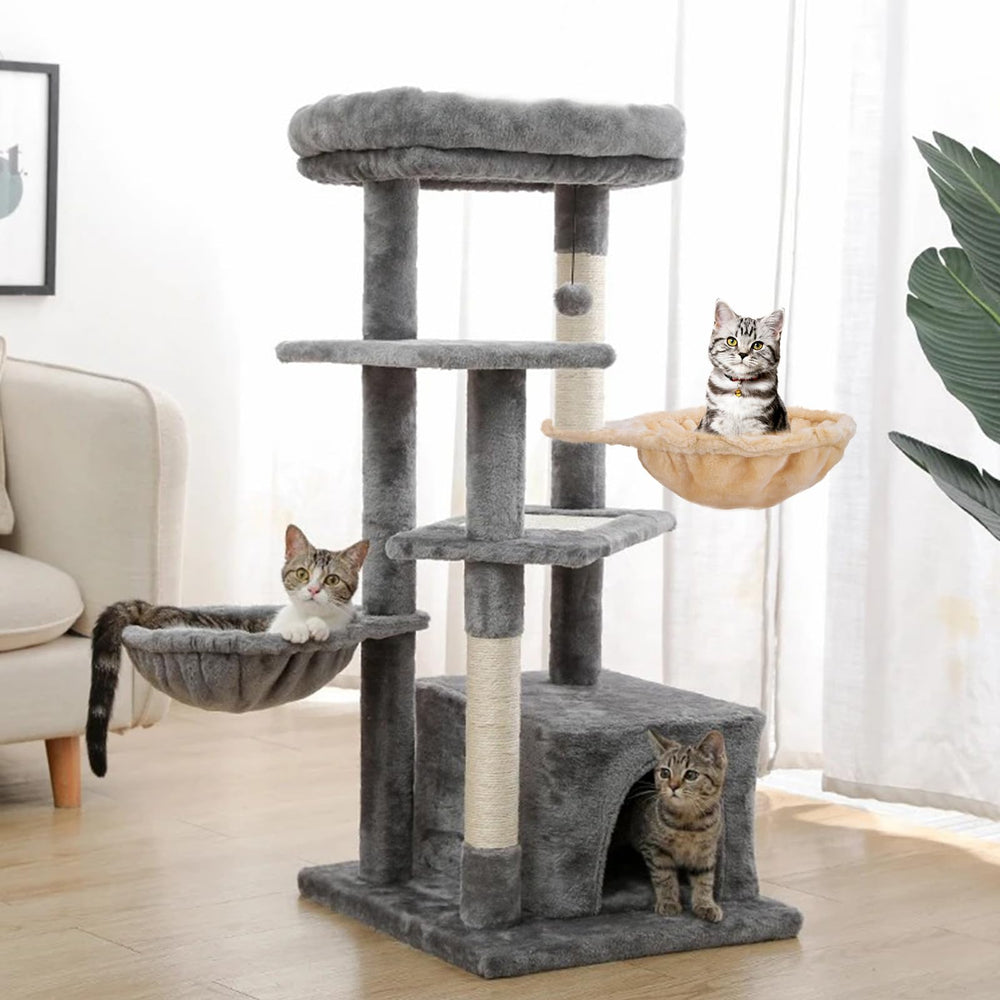 UXIETIN Cozy Cat Tree Hammock gray dimension label highlighting 16-inch length and 12.4-inch diameter.
