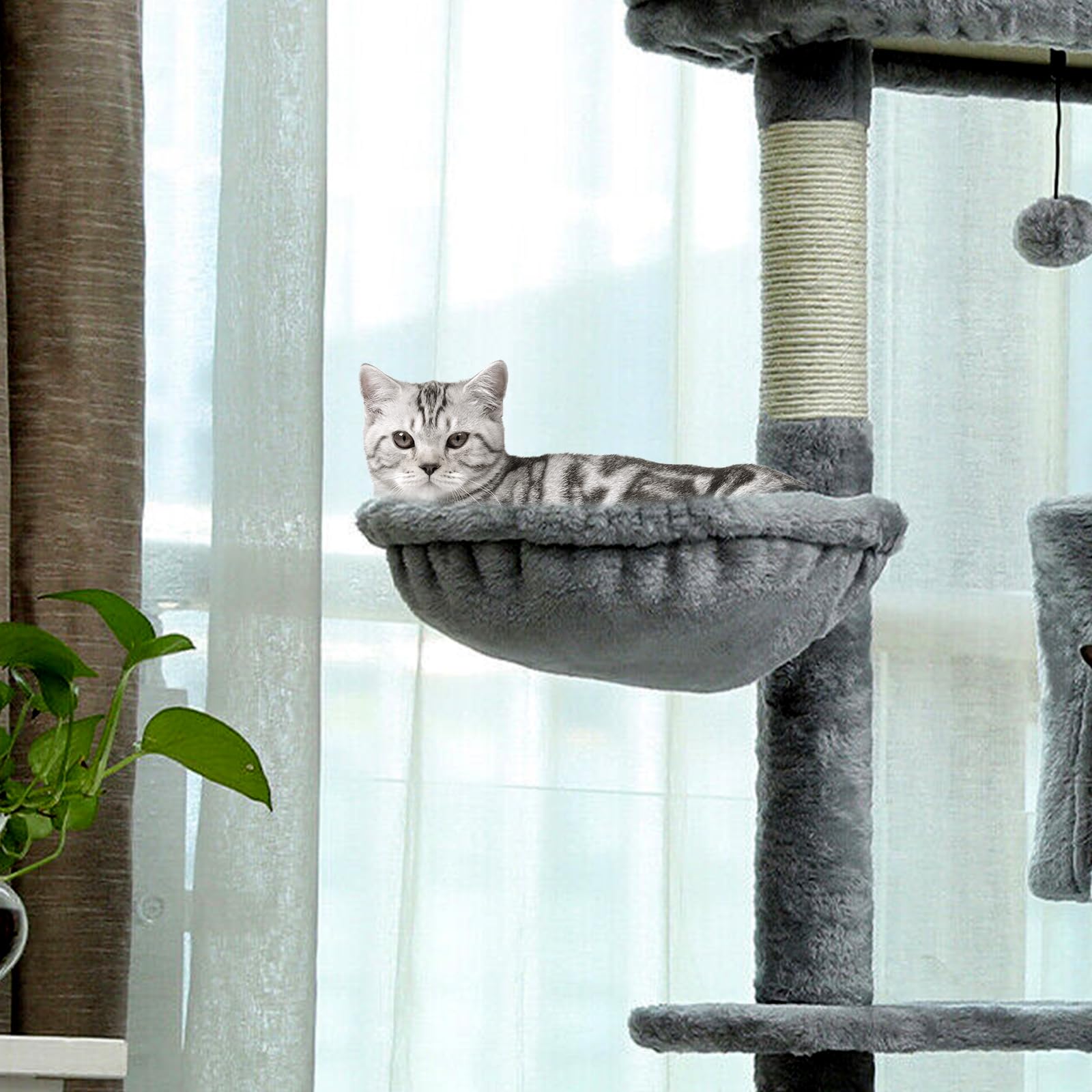UXIETIN Cozy Cat Tree Hammock gray easy-install demonstration on a post.
