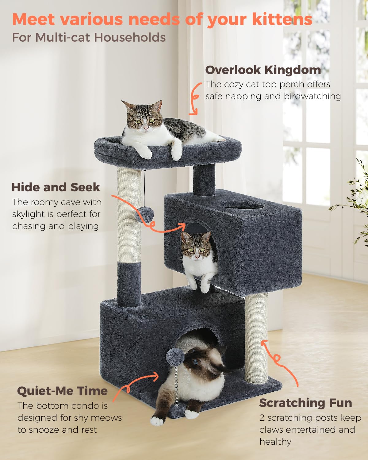 UYMI 32 inch cat tree sisal posts encourage healthy scratching and play.
