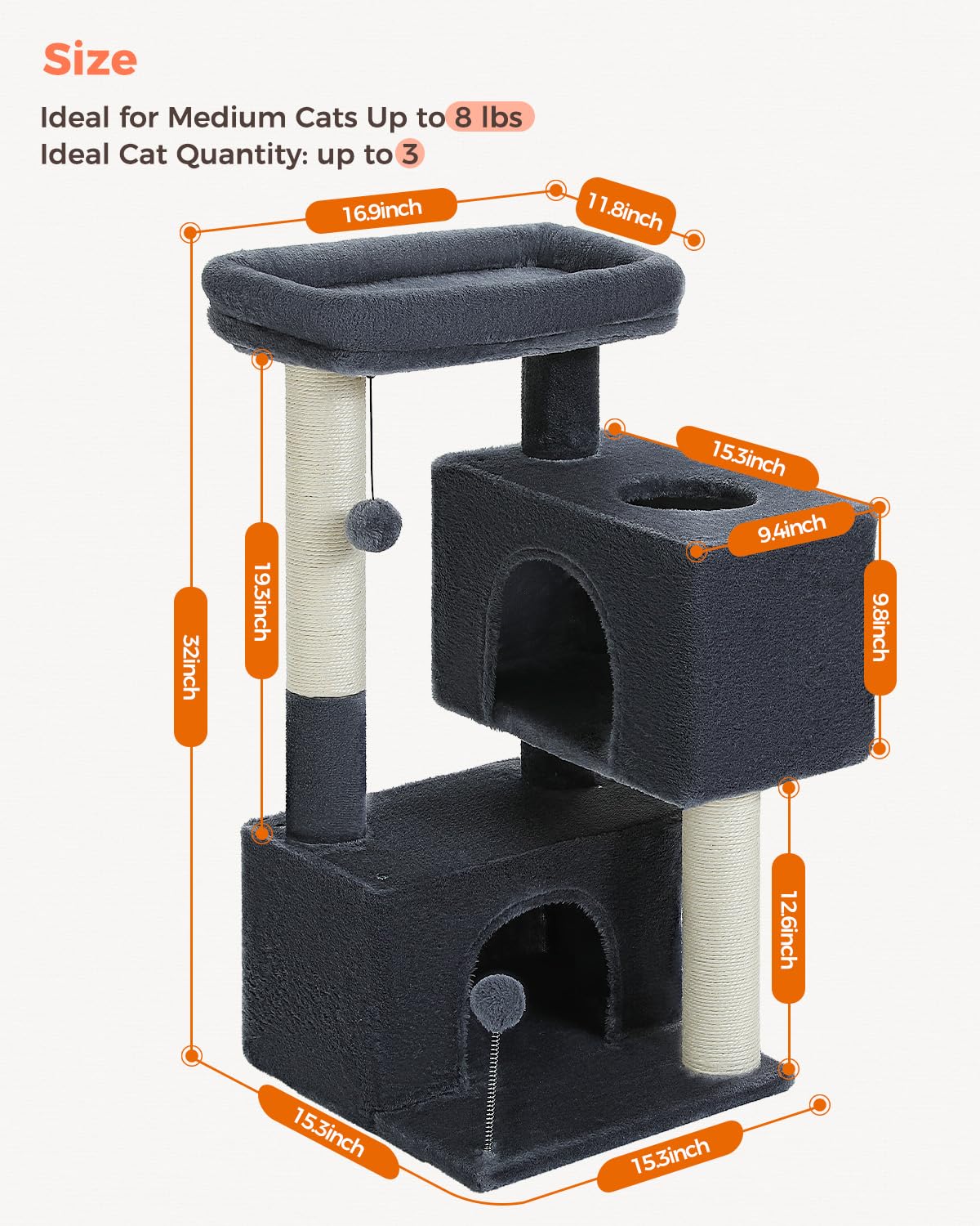 UYMI 32 inch cat tree soft padded perch delivers cozy lounging comfort.