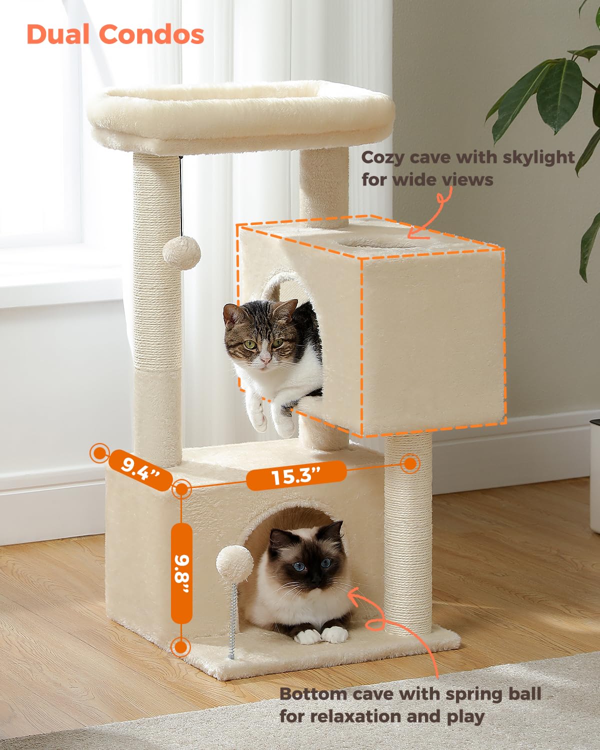 UYMI 32-inch cat tree dangling pom-poms for interactive play