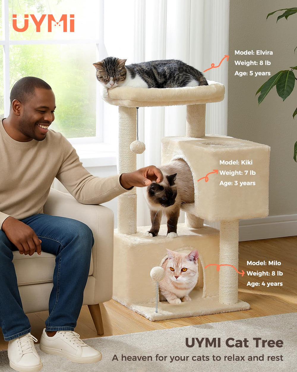 UYMI 32-inch cat tree rectangular condos for elongated cat bodies