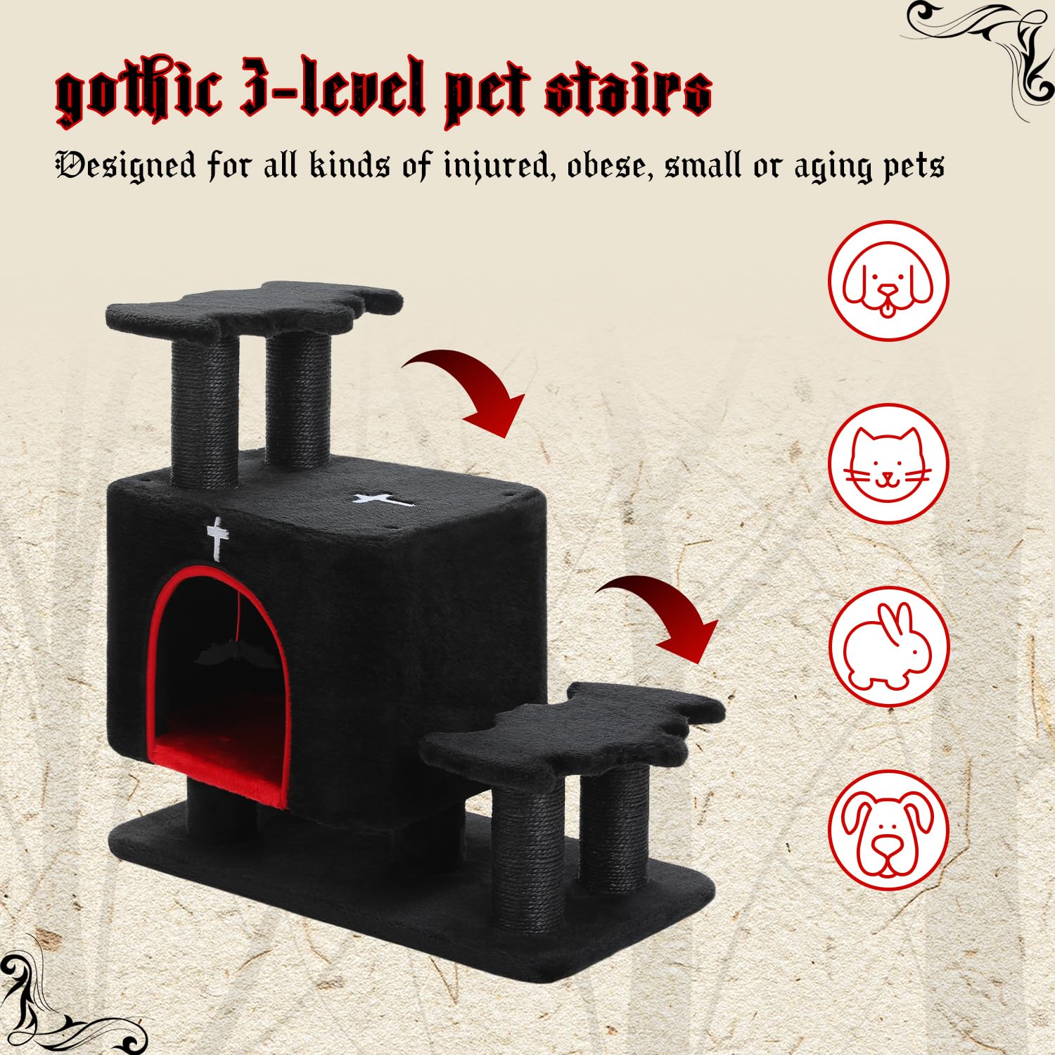 UYMI Gothic 3-in-1 sisal scratching post provides claw-friendly surface.