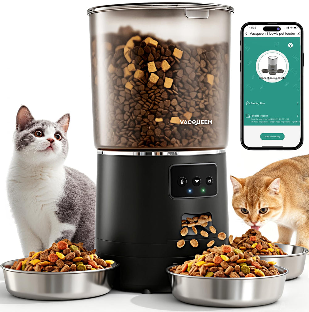 Vacqueen automatic cat feeder with 3 bowls for flexible multi-pet meals
