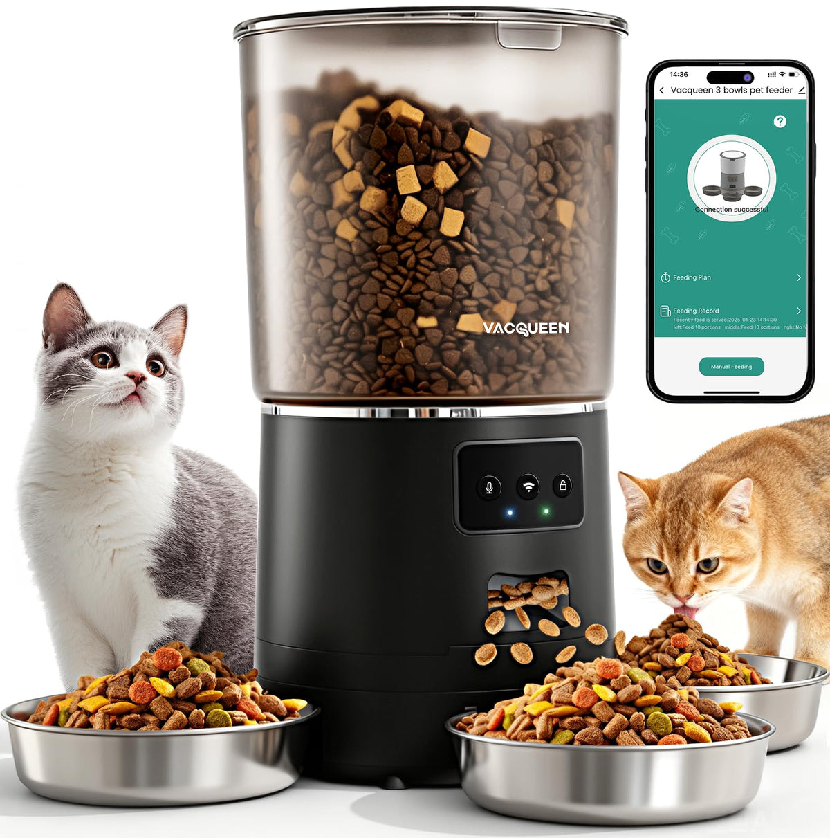 Vacqueen automatic cat feeder with 3 bowls for flexible multi-pet meals