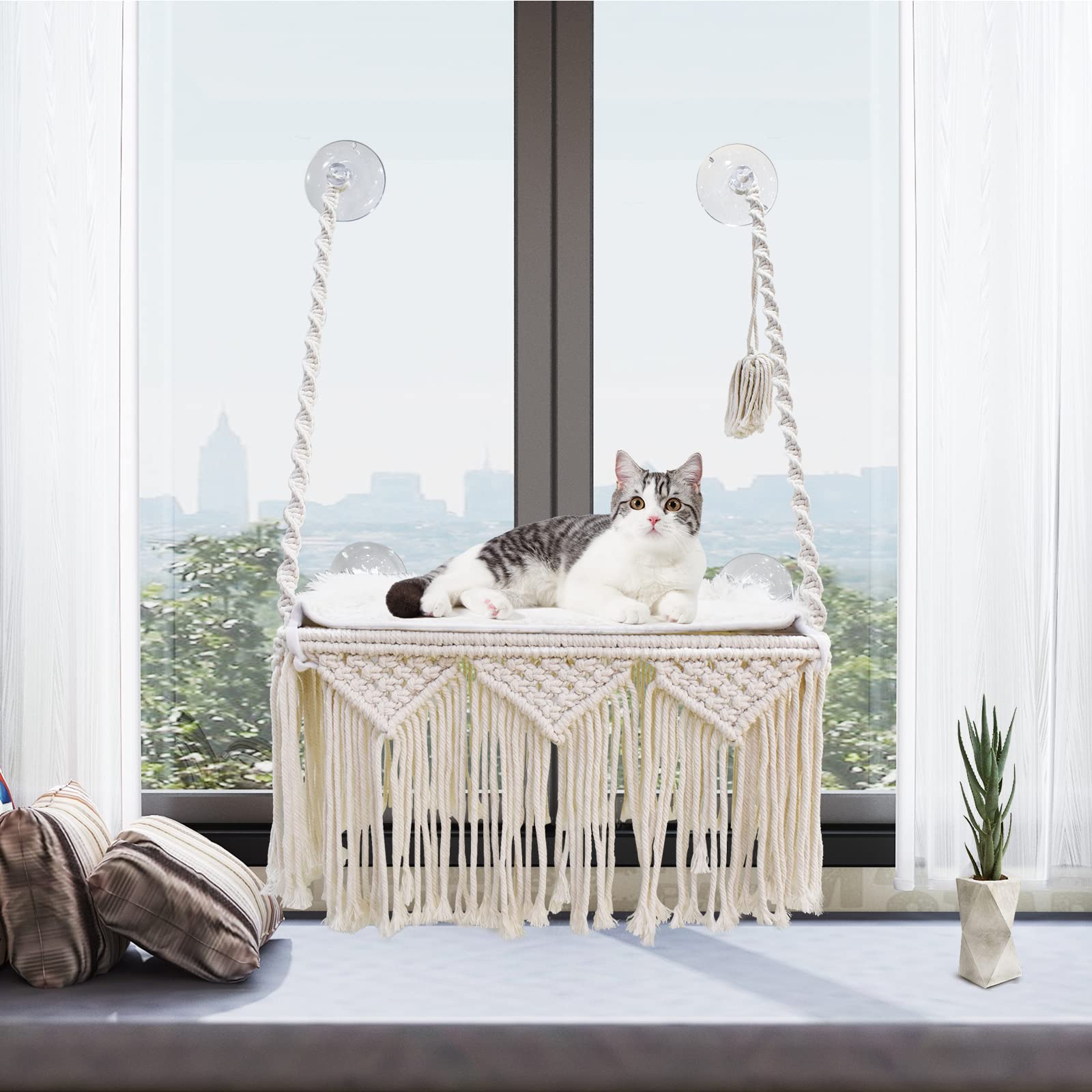 VAESCOL Cat Window Perch Macrame Bed offers sunlit lounging and elevated viewing.