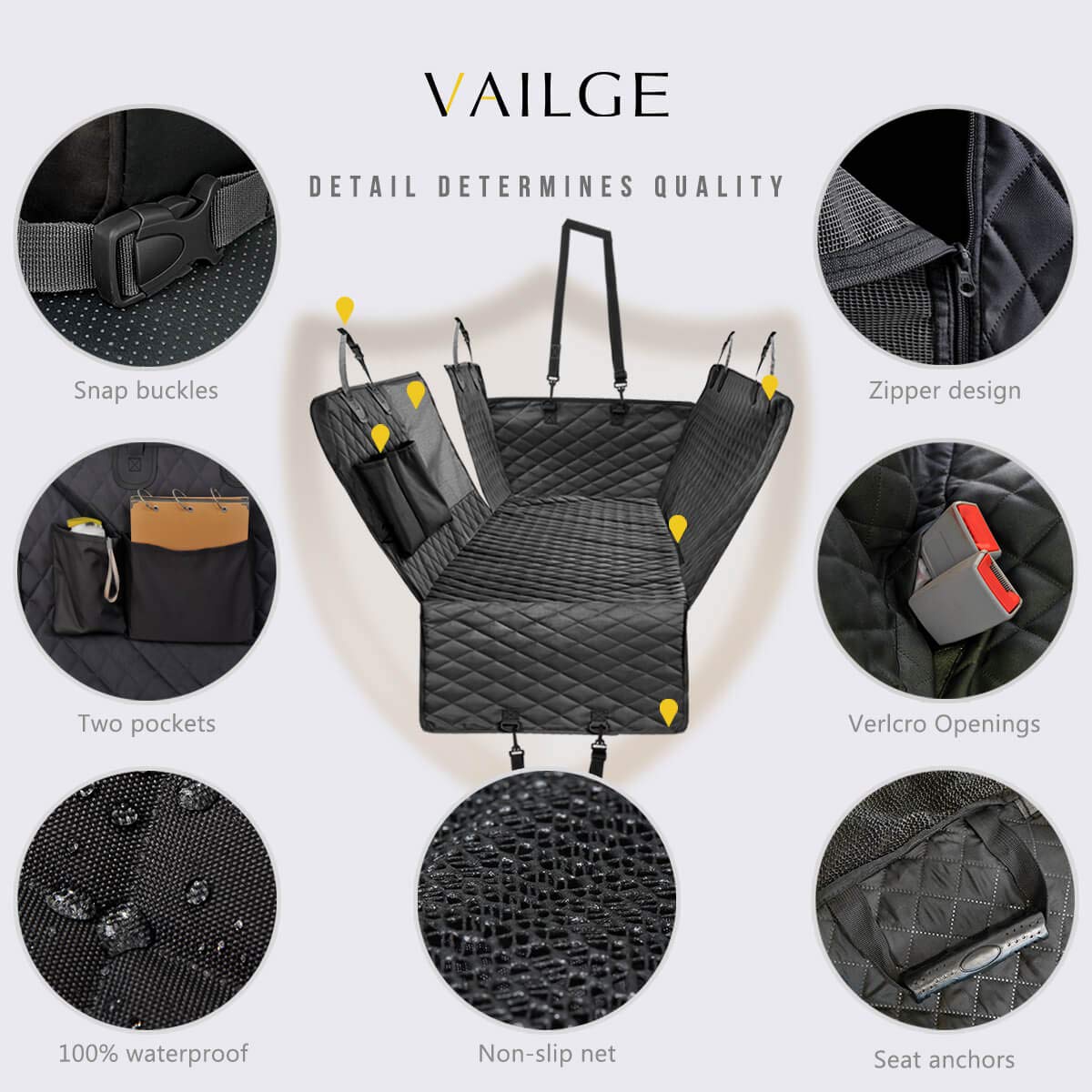 Vailge dog seat cover nonslip backing stays in place on seats.