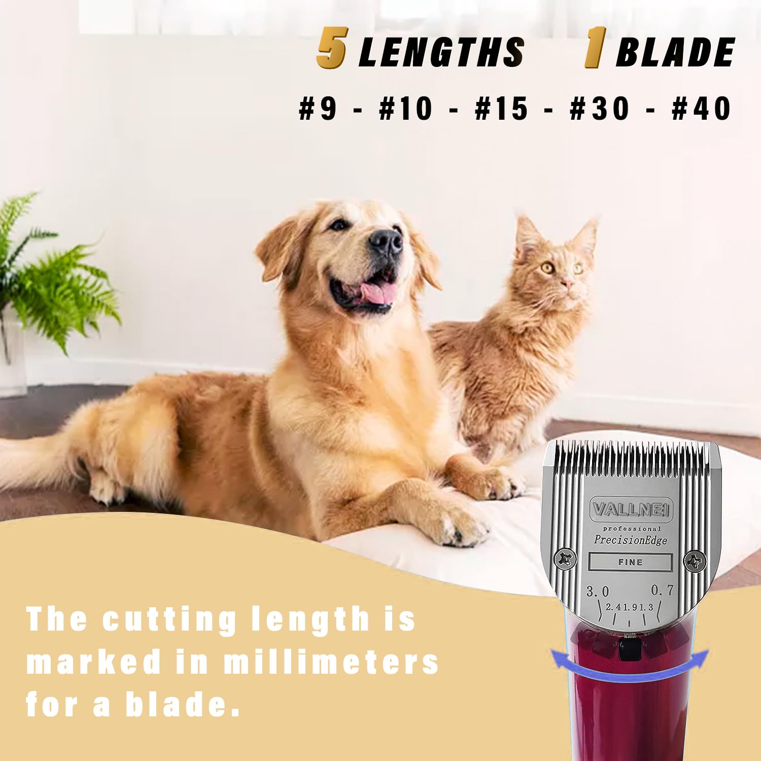 VALLNEI 5-in-1 blade sizes image shows adjustable guard options for versatile grooming