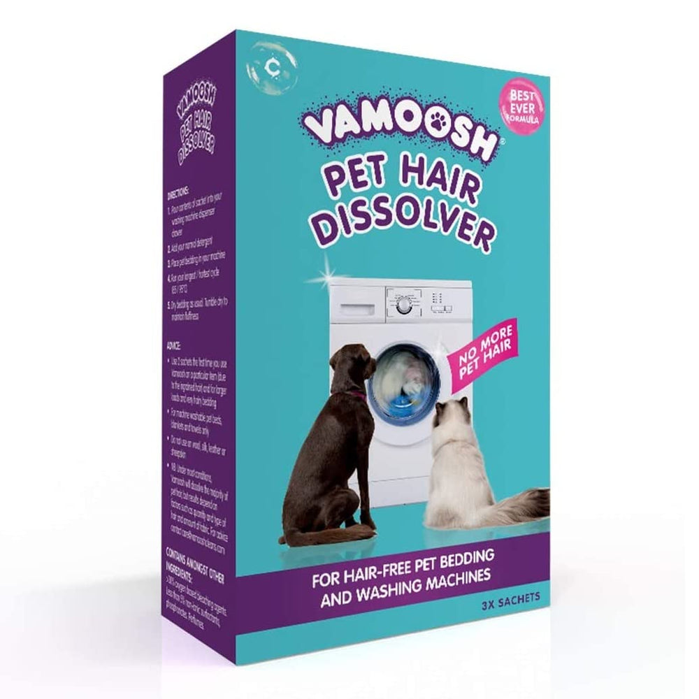 Vamoosh Pet Hair Dissolver box pack3—three sachets for quick, mess-free pet hair management.