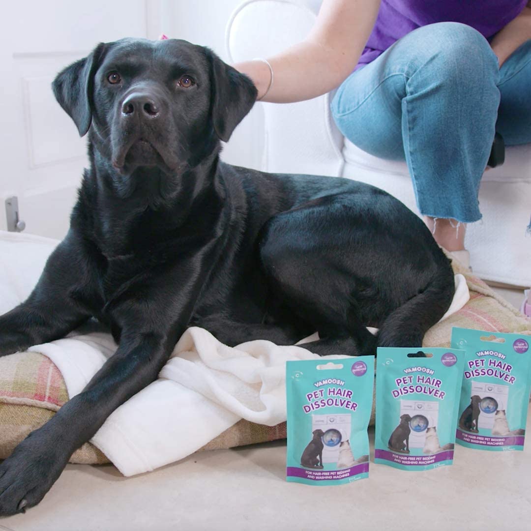 Vamoosh Pet Hair Dissolver easy-use steps graphic showing three-step process.
